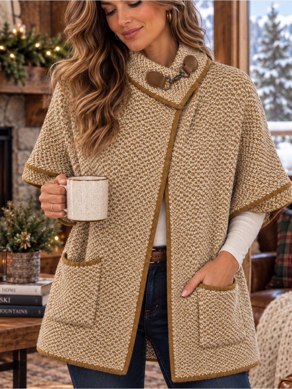 Rachel Zoe Tan and Cream Knit Toggle Poncho